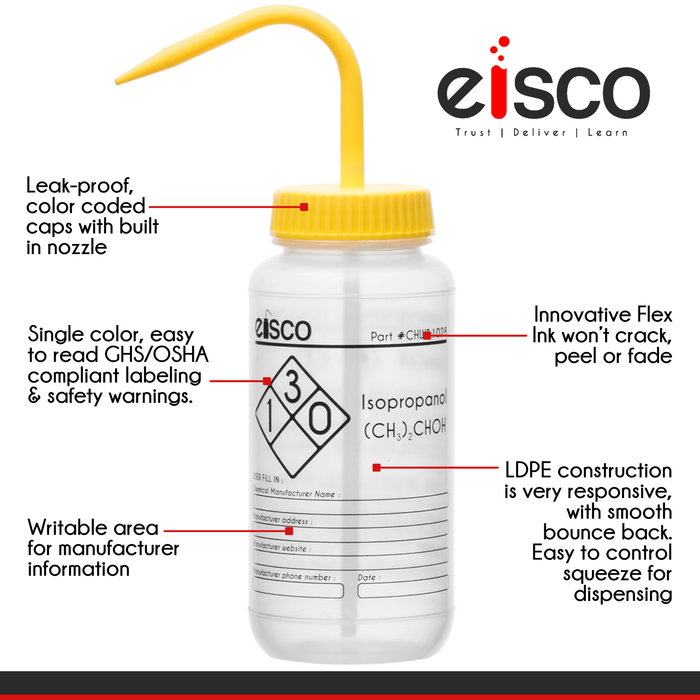 Wash Bottle for Isopropanol, 500ml - Labeled with Chemical Information & Safety Information (1 Color) - Wide Mouth, Self Venting, Low Density Polyethylene - Eisco Labs