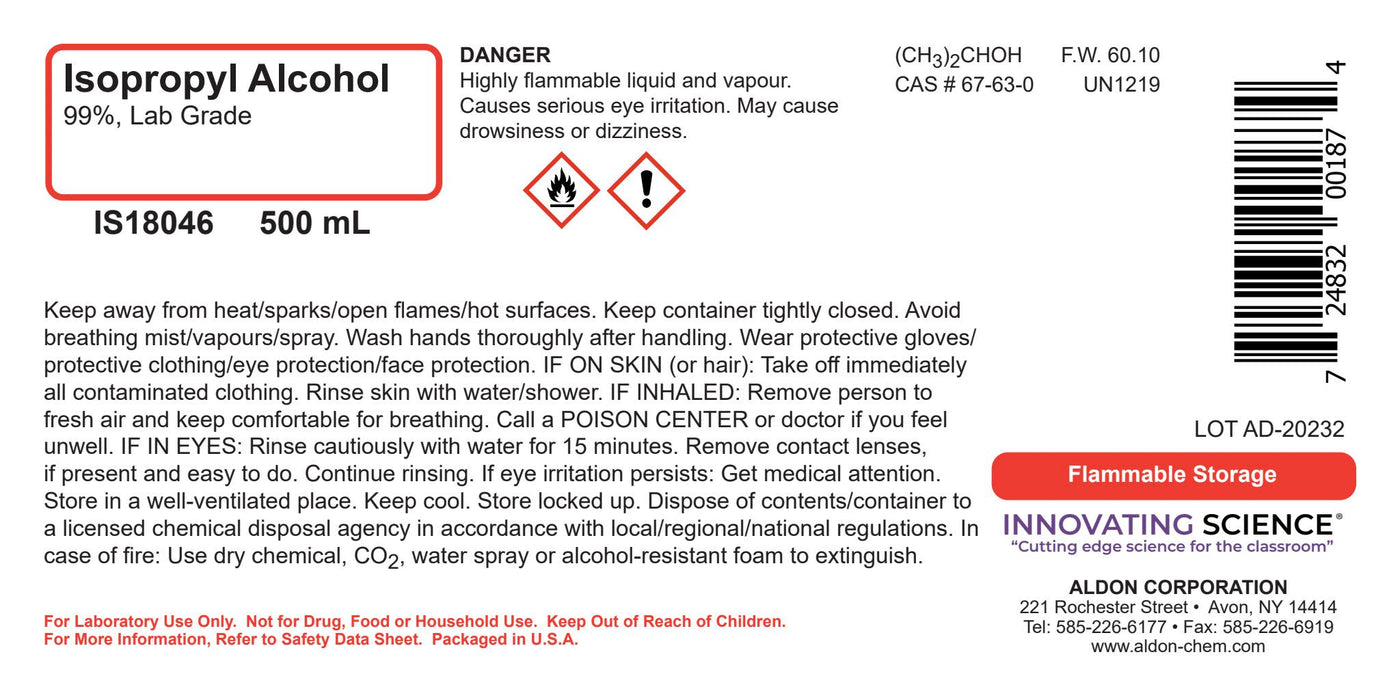 Isopropyl Alcohl Isopropanol 99.9% Pure Rubbing Lab Grade 500ml CAP / Spray