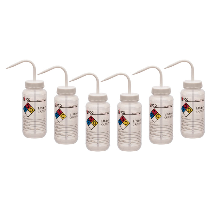 6PK Wash Bottle for Ethanol, 500ml - Labeled with Color Coded Chemical & Safety Information (4 Colors) - Wide Mouth, Self Venting, Low Density Polyethylene - Eisco Labs