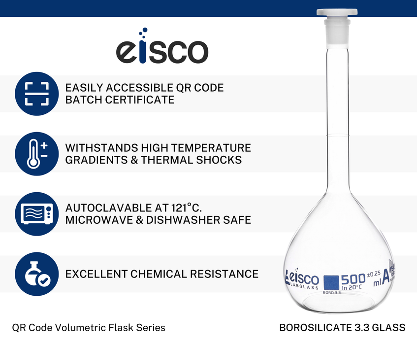 Volumetric Flask, 500mL - Class A - Borosilicate Glass, Polyethylene Stopper, 19/26 Socket - QR Code Marking for Calibration Certificate