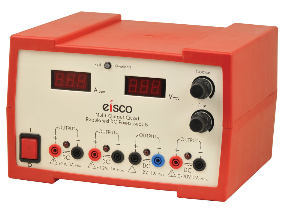 Eisco Labs 4 Output DC Power Supply, Regulated, Dual Adjustment, Independent DC Voltages, [+5V, 3Amp], [+12V, 1Amp], [-12V, 1Amp], [0-20V, 2Amp] - CSA, CE, and RoHS certified