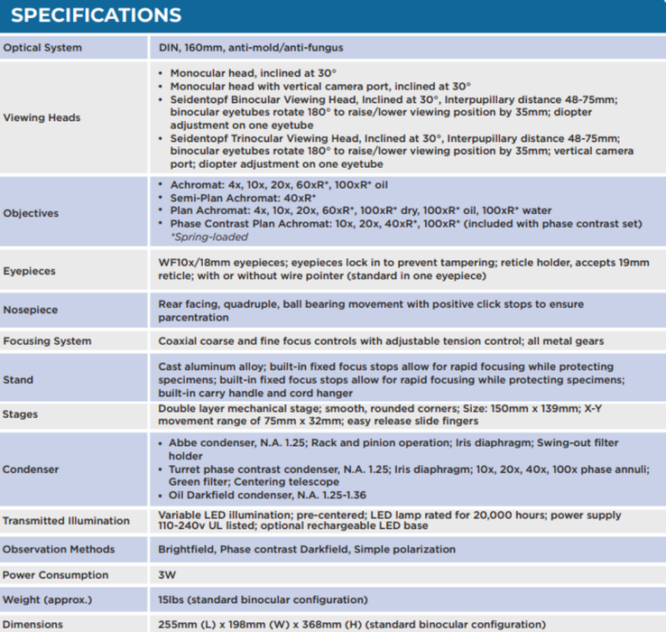Microscope EXC-120-3 - Binocular Head, 40-400X Magnification, Achromat Objectives, Mechanical Stage, Iris Diaphragm