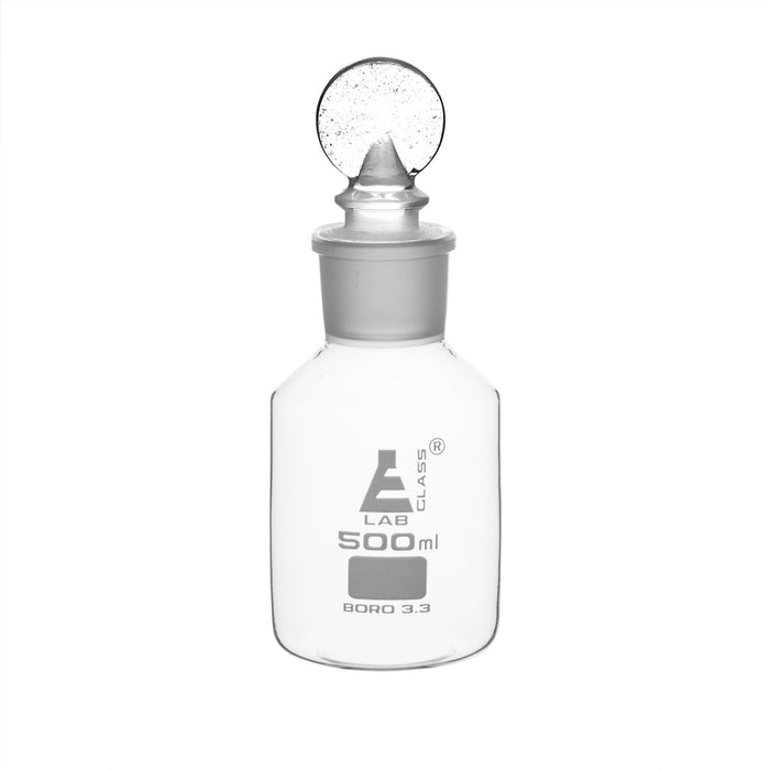 Reagent Bottle, 500mL - Clear - Wide Neck - With Interchangeable Glass Penny Stopper - Borosilicate Glass