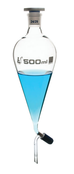 Separatory Funnel, 500mL - Squibb (Conical) - 24/29 Plastic Stopper - Rotaflow Stopcock - Ungraduated - Borosilicate Glass