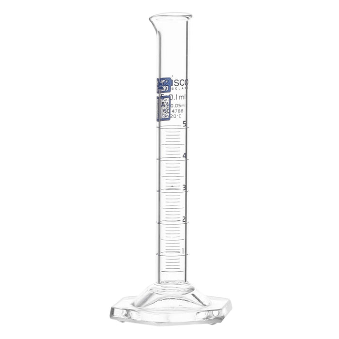 Eisco Labs - 5mL Measuring Cylinder - Tolerance ±0.05mL - Class A Graduated Cylinder - Calibrated TC - Hexagonal Base - Blue Graduations - Batch Work Certificate QR Code - Boro 3.3 Glass