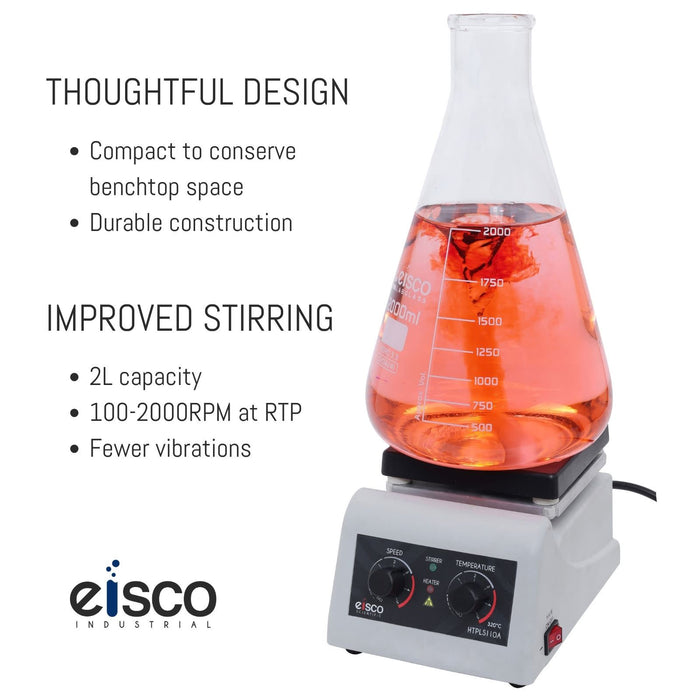 Eisco Endurance Hot Plate Stirrer - 250W Lab Heating & Stirring, Up to 320°C, 100-2000 RPM, Teflon-Coated Plate, 2L Capacity