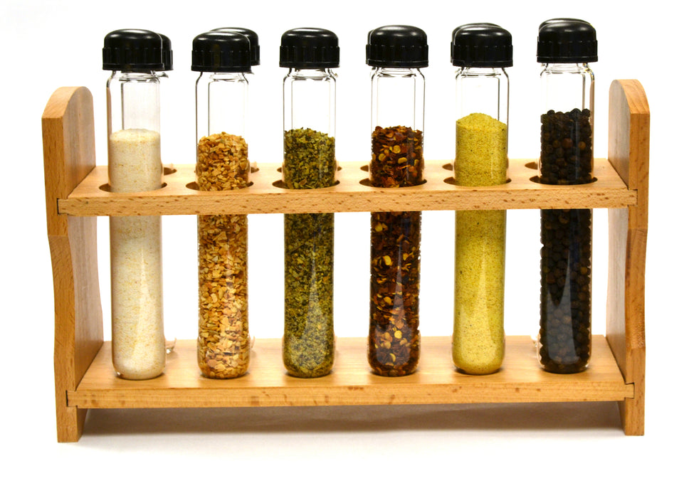 Hand Made Wooden Test Tube Spice Rack with 12 Borosilicate Glass Test Tubes, 6 inch
