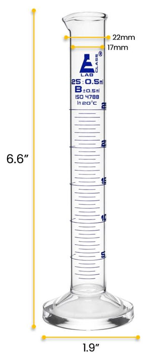 Graduated Cylinder, 25mL - Class B - Round Base - Blue Graduations - Borosilicate Glass