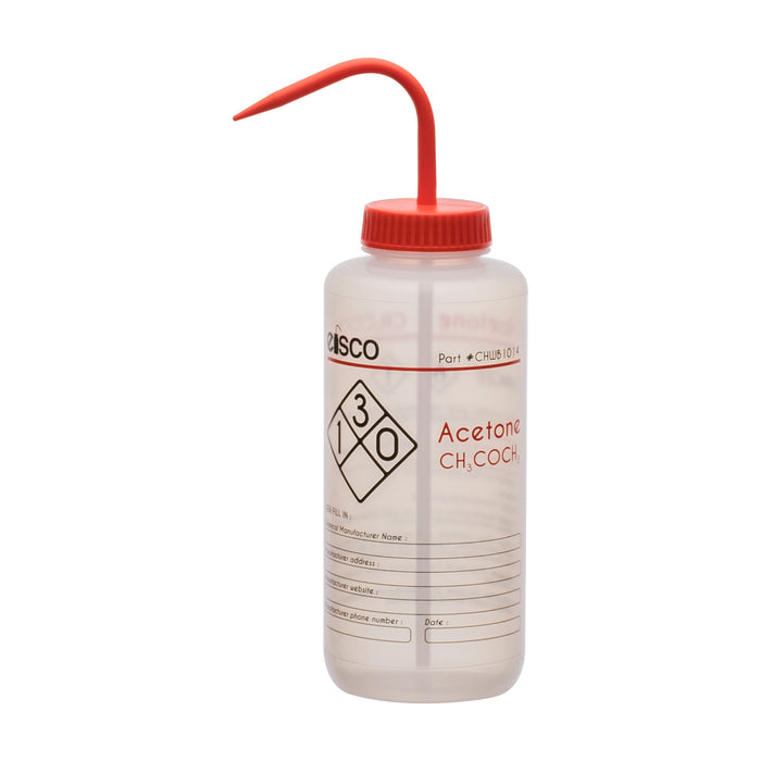 Wash Bottle for Acetone, 1000ml - Labeled with Color Coded Chemical & Safety Information (2 Color)  - Wide Mouth, Self Venting, Low Density Polyethylene - Eisco Labs