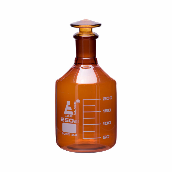 Reagent Bottle, Amber, 250mL - Graduated - Narrow Mouth with Solid Glass Stopper - Borosilicate Glass
