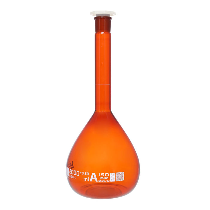 Eisco Amber Volumetric Flask, 2000mL - Class A - Borosilicate Glass, Polyethylene Stopper, 29/32 Socket - QR Code Marking for Calibration Certificate
