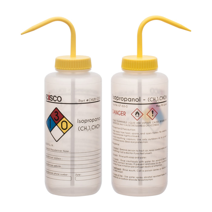 Wash Bottle for Isopropanol, 1000ml - Labeled with Color Coded Chemical & Safety Information (4 Colors) - Wide Mouth, Self Venting, Low Density Polyethylene - Eisco Labs