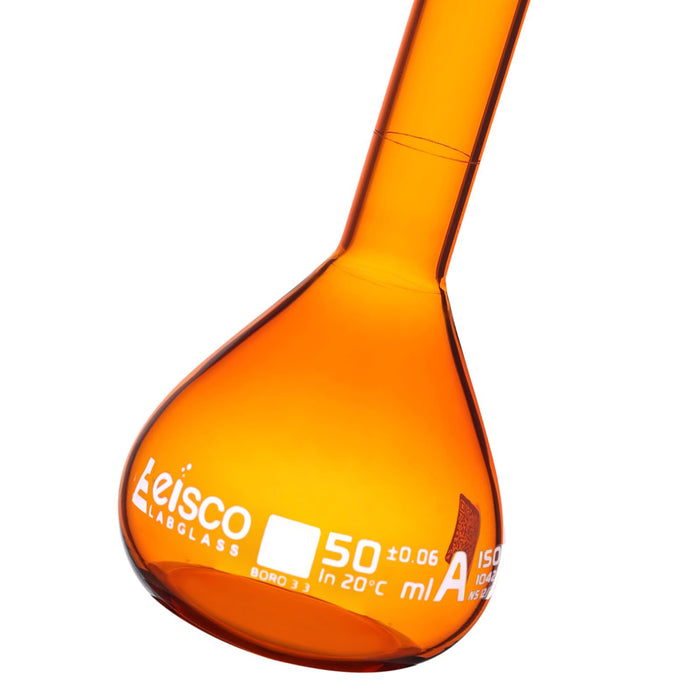 Eisco Amber Volumetric Flask, 50mL - Class A - Borosilicate Glass, Polyethylene Stopper, 12/21 Socket - QR Code Marking for Calibration Certificate