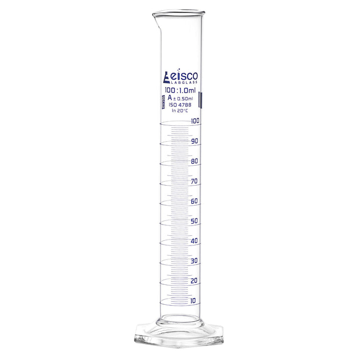 Eisco Labs - 100mL Measuring Cylinder - Tolerance ±0.50mL - Class A Graduated Cylinder - Calibrated TC - Hexagonal Base - Blue Graduations - Batch Work Certificate QR Code - Boro 3.3 Glass