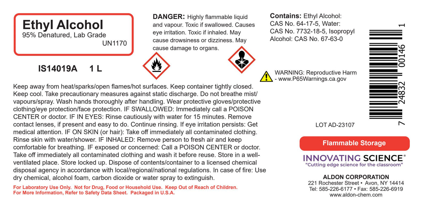 95% Denatured Ethyl Alcohol, 1000mL - No Methanol - Lab-Grade - The Curated Chemical Collection