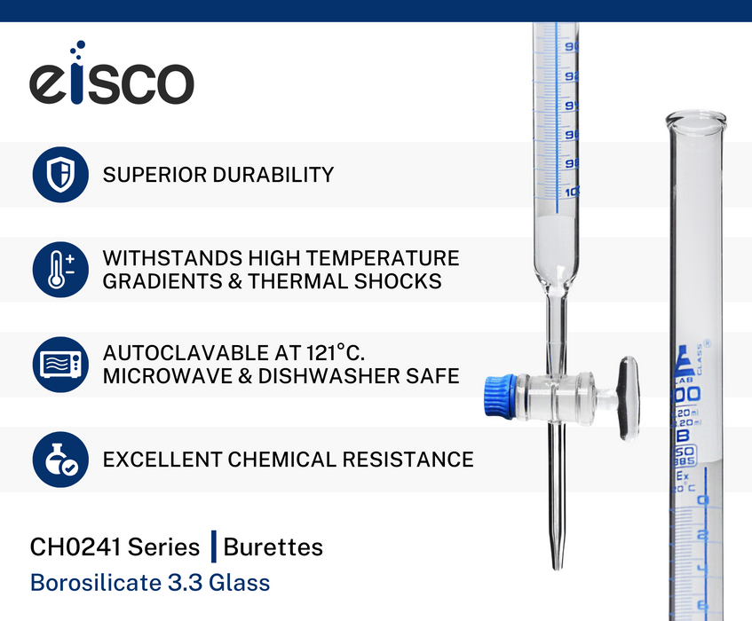 Schellbach Burette, 100mL - Class B - Glass Stopcock - Blue Graduations - Borosilicate Glass