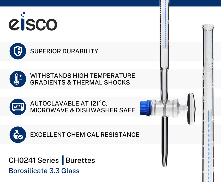 Schellbach Burette, 10mL - Class A - Glass Stopcock - White Graduations - Borosilicate Glass