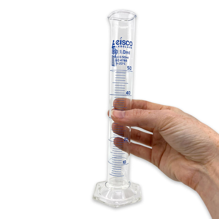 Eisco Labs - 50mL Measuring Cylinder - Tolerance ±0.50mL - Class A Graduated Cylinder - Calibrated TC - Hexagonal Base - Blue Graduations - Batch Work Certificate QR Code - Boro 3.3 Glass
