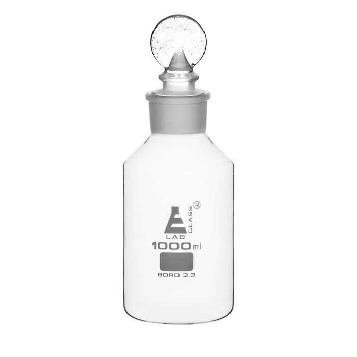 Reagent Bottle, 1000mL - Clear - Wide Neck - With Interchangeable Glass Penny Stopper - Borosilicate Glass