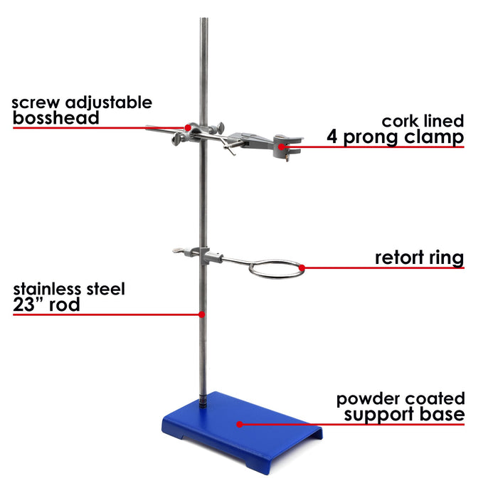 10PK Chemical Resistant Steel Lab Stand Set - Support Stand (8" x 5"), 12mm Dia. Rod (23.6" L), Cork Lined Burette Clamp with Boss Head and Retort Ring (2.5" Dia)