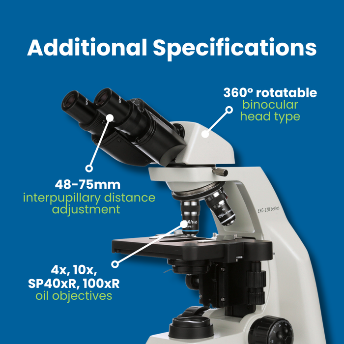Microscope EXC-120 - Binocular Head, 40-1000X Magnification, Achromat Objectives, Mechanical Stage, Iris Diaphragm