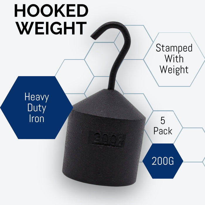 Eisco Labs - Hooked Weight 5-Pack, 200g Each - Iron, Cylindrical with Hook and Bottom Slot for Easy Lifting, Science Experiments, Physics, Scale Calibration, Measurement