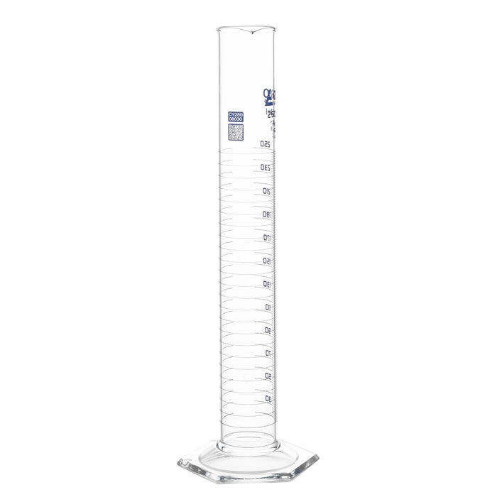 Eisco Labs - 250mL Measuring Cylinder - Tolerance ±1.00mL - Class A Graduated Cylinder - Calibrated TC - Hexagonal Base - Blue Graduations - Batch Work Certificate QR Code - Boro 3.3 Glass