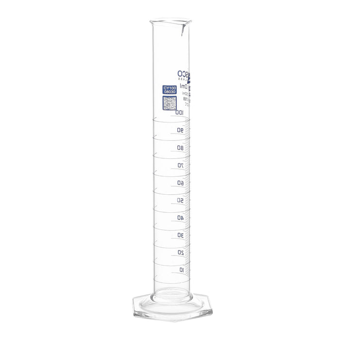 Eisco Labs - 100mL Measuring Cylinder - Tolerance ±0.50mL - Class A Graduated Cylinder - Calibrated TC - Hexagonal Base - Blue Graduations - Batch Work Certificate QR Code - Boro 3.3 Glass
