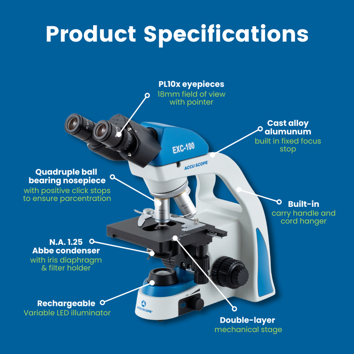Microscope EXC-100 - Binocular Head, 40-1000X Magnification, Achromat Objectives, Mechanical Stage, Iris Diaphragm, Cordless LED Illumination