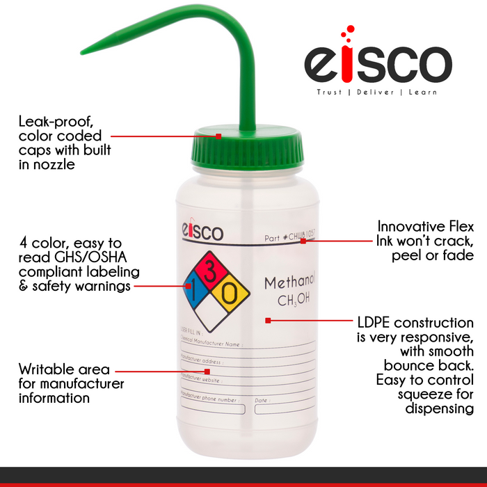 Wash Bottle for Methanol, 1000ml - Labeled with Color Coded Chemical & Safety Information (4 Colors) - Wide Mouth, Self Venting, Polypropylene - Performance Plastics by Eisco Labs