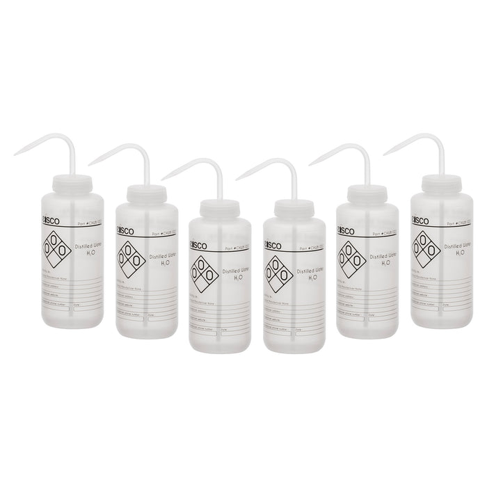 6PK Performance Plastic Wash Bottles, Distilled Water - 1000mL