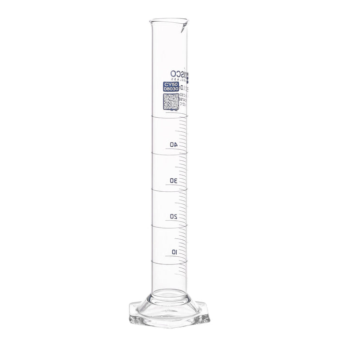 Eisco Labs - 50mL Measuring Cylinder - Tolerance ±0.50mL - Class A Graduated Cylinder - Calibrated TC - Hexagonal Base - Blue Graduations - Batch Work Certificate QR Code - Boro 3.3 Glass