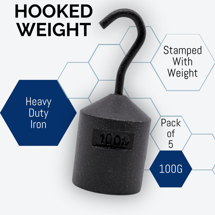 Eisco Labs - Hooked Weight 5-Pack, 100g Each - Iron, Cylindrical with Hook and Bottom Slot for Easy Lifting, Science Experiments, Physics, Scale Calibration, Measurement