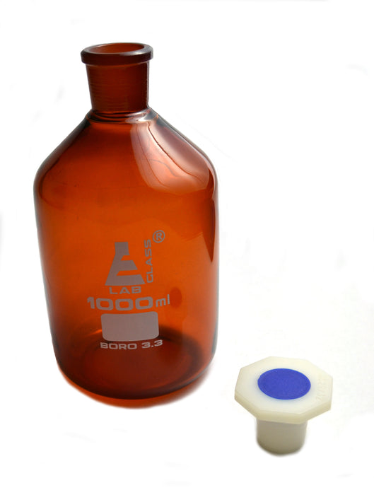 Reagent Bottle, 1000mL - Amber - With Acid-Proof Polypropylene Stopper - Borosilicate Glass
