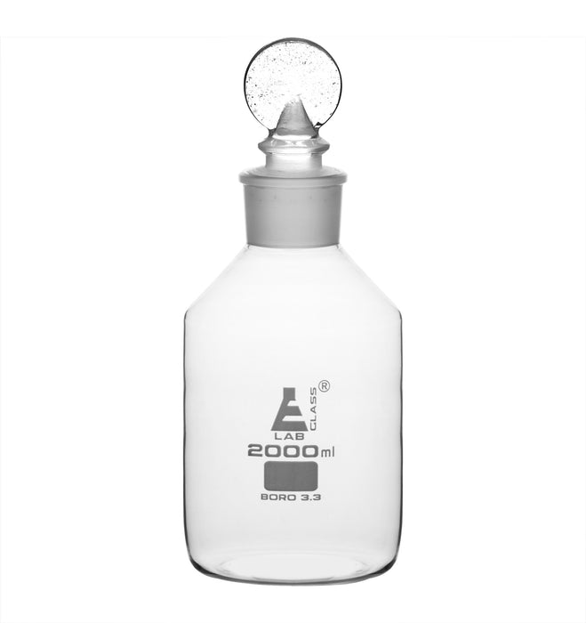 Reagent Bottle, 2000mL - Clear - Wide Neck - With Interchangeable Glass Penny Stopper - Borosilicate Glass
