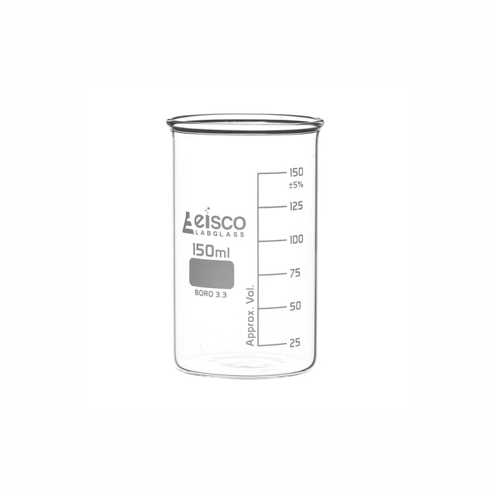 Eisco 12PK Tall Form Beakers Without Spout, 150mL - Graduated - Borosilicate Glass - Berzelius Beaker