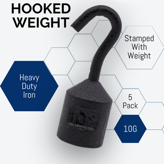 Eisco Labs - Hooked Weight 5-Pack, 10g Each - Iron, Cylindrical with Hook for Easy Lifting, Science Experiments, Physics, Scale Calibration, Measurement