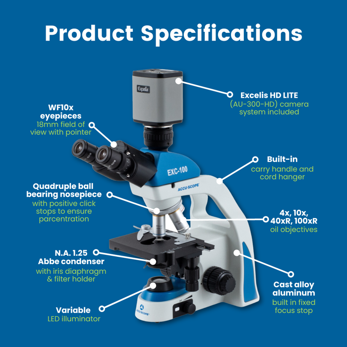 Digital Microscope with Camera, EXC-103-HD - Trinocular Head, 40-1000X Magnification, Cordless LED Illumination - 1080p Resolution - 5 MP Image & 15 FPS Video Capture - HDMI/USB 2.0 Outputs