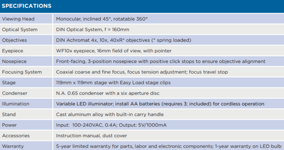 Student Microscope EXM-50 - Monocular Head, 40-400X Magnification, Course Focus, Cordless LED Illumination