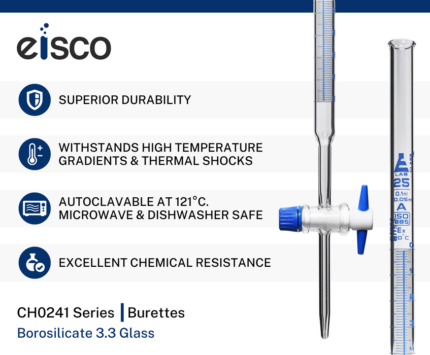 Schellbach Burette, 25mL - Class A - PTFE Stopcock - Blue Graduations - Borosilicate Glass