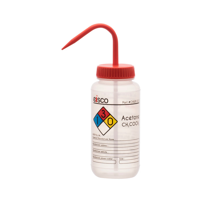 Wash Bottle for Acetone, 500ml - Labeled with Color Coded Chemical & Safety Information - Wide Mouth, Self Venting, Low Density Polyethylene - Eisco Labs