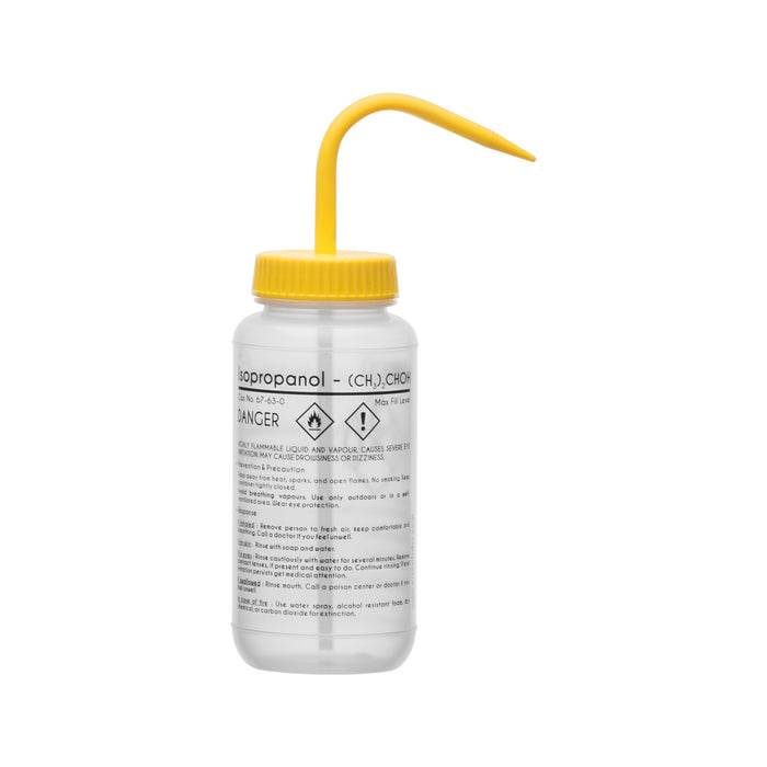 Wash Bottle for Isopropanol, 500ml - Labeled with Chemical Information & Safety Information (1 Color) - Wide Mouth, Self Venting, Low Density Polyethylene - Eisco Labs