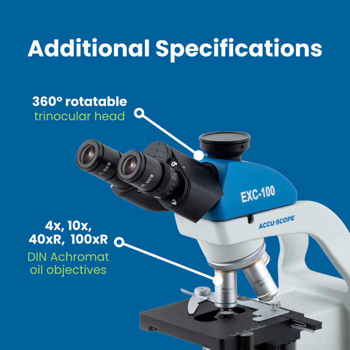 Microscope EXC-103 - Trinocular Head, 40-1000X Magnification, Achromat Objectives, Mechanical Stage, Iris Diaphragm, Cordless LED Illumination