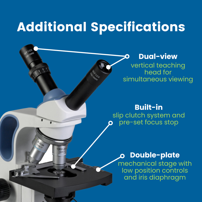 Teaching Microscope EXM-150 -I - Dual View Head, 40-1000X Magnification, Mechanical Stage, Iris Diaphragm, Cordless LED Illumination