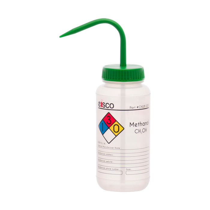 Wash Bottle for Methanol - Labeled with Color Coded Chemical & Safety Information - Wide Mouth, Self Venting, Polypropylene - Performance Plastics by Eisco Labs