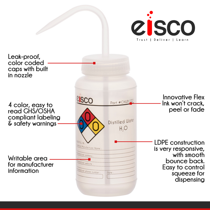 Wash Bottle for Distilled Water, 500ml - Labeled with Color Coded Chemical & Safety Information (4 Colors) - Wide Mouth, Self Venting, Low Density Polyethylene - Eisco Labs