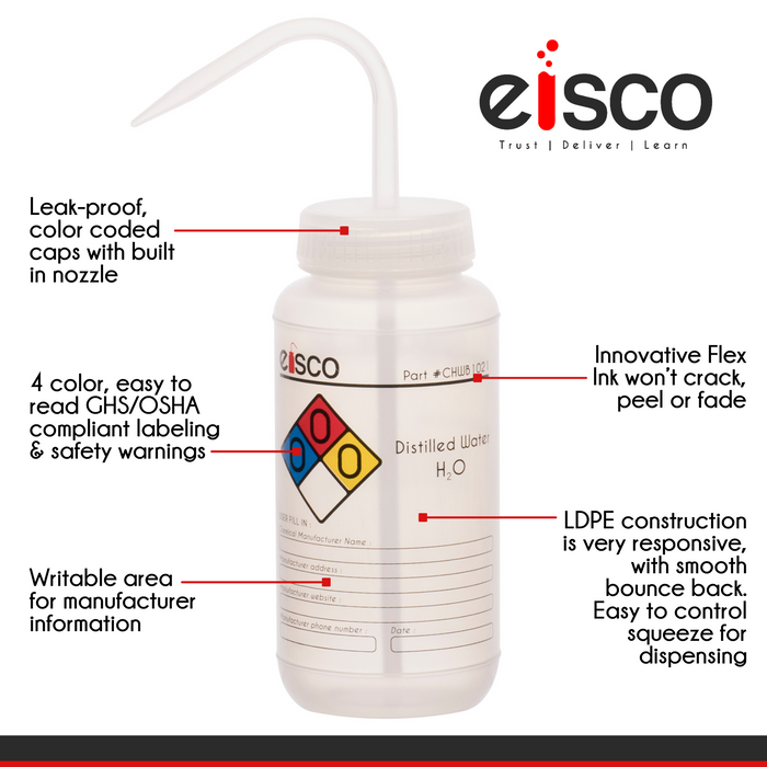 6PK Wash Bottle for Distilled Water, 500ml - Labeled with Color Coded Chemical & Safety Information (4 Colors) - Wide Mouth, Self Venting, Low Density Polyethylene - Eisco Labs