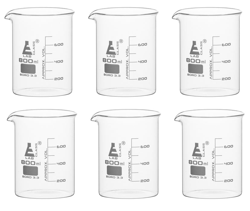 6PK Beakers, 800ml - Low Form - 100ml Graduations - Borosilicate Glass