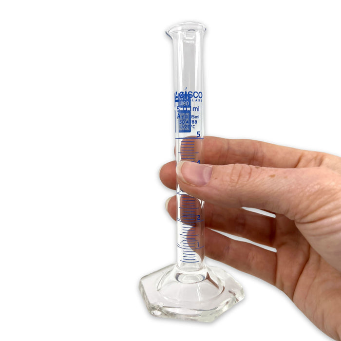 Eisco Labs - 5mL Measuring Cylinder - Tolerance ±0.05mL - Class A Graduated Cylinder - Calibrated TC - Hexagonal Base - Blue Graduations - Batch Work Certificate QR Code - Boro 3.3 Glass