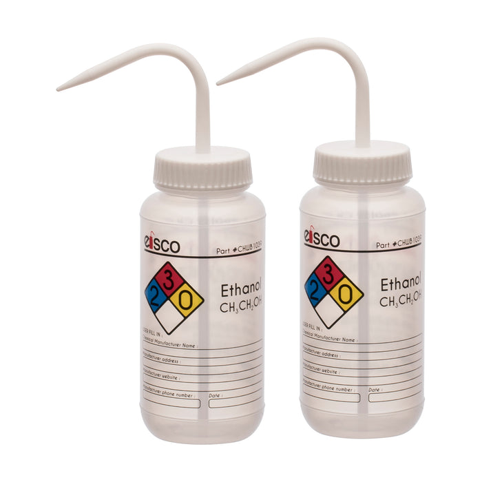 2PK Wash Bottle for Ethanol, 500ml - Labeled with Color Coded Chemical & Safety Information (4 Colors) - Wide Mouth, Self Venting, Low Density Polyethylene - Eisco Labs